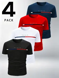 4-Pack Men's Letter Print T-Shirts, Short Sleeve Round Neck, Casual Long T-Shirt, Breathable Quick-Dry Fabric, Dry Fit Shirts, Ideal for Running & Daily Wear
