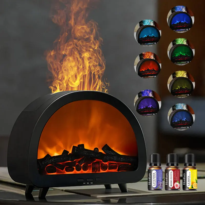 Flame Diffuser Humidifier – Half-Round Fireplace Design, Retro Charcoal-Style LED Flame with Multi-Color Ambient Night Light, US Plug Aromatherapy Mist Maker with Remote Control, Ideal Home Décor & Christmas Holiday Gift
