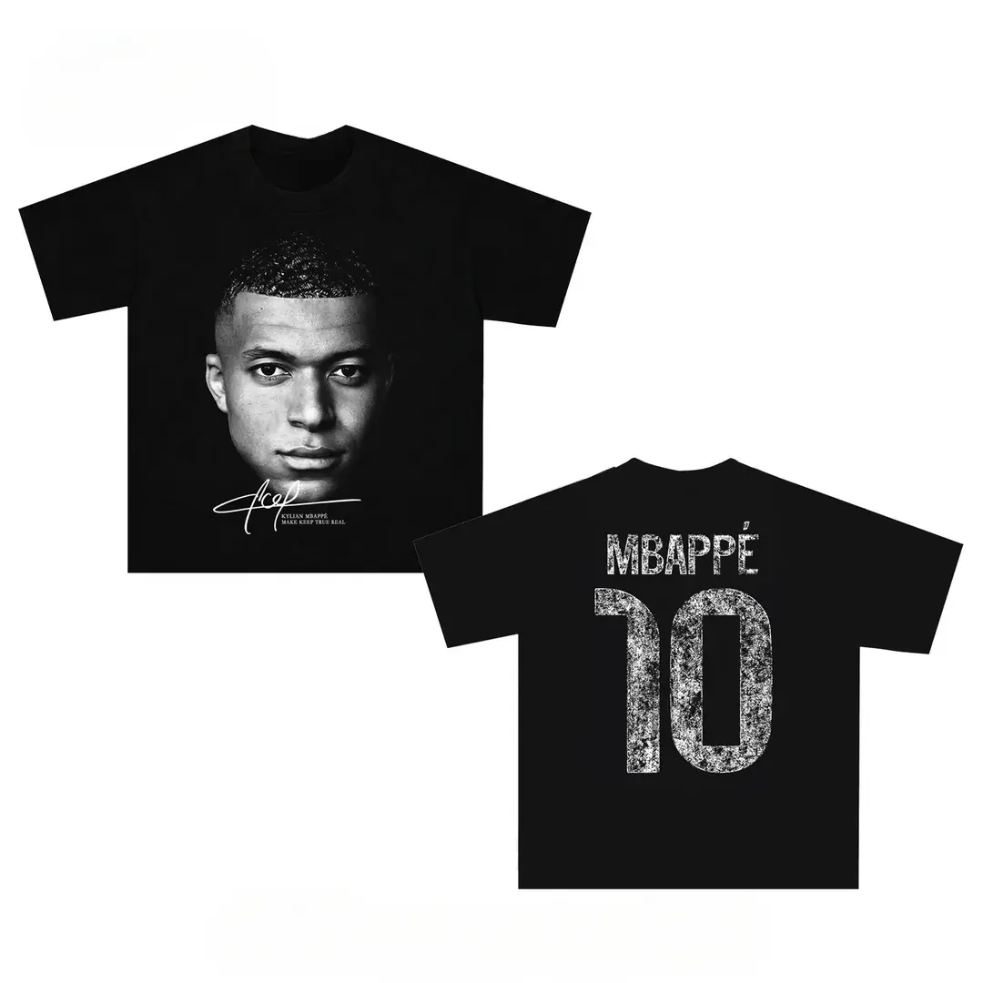 Men's Unisex 100% Cotton Oversized Fit Short Sleeves Mbappe Number 10 Portrait Signature Graphic T-Shirt - Classic Casual Loose Tops for Football Fans, Outdoor Streetwear Tee (Cotton Fabric, Unisex Wear)