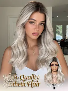 Topshe Summer New Mono High-Quality Smoke Root Ice Gold Highlights Medium-Length Wavy Wig, 16 Inches, No Glue, Heat-Resistant Fiber