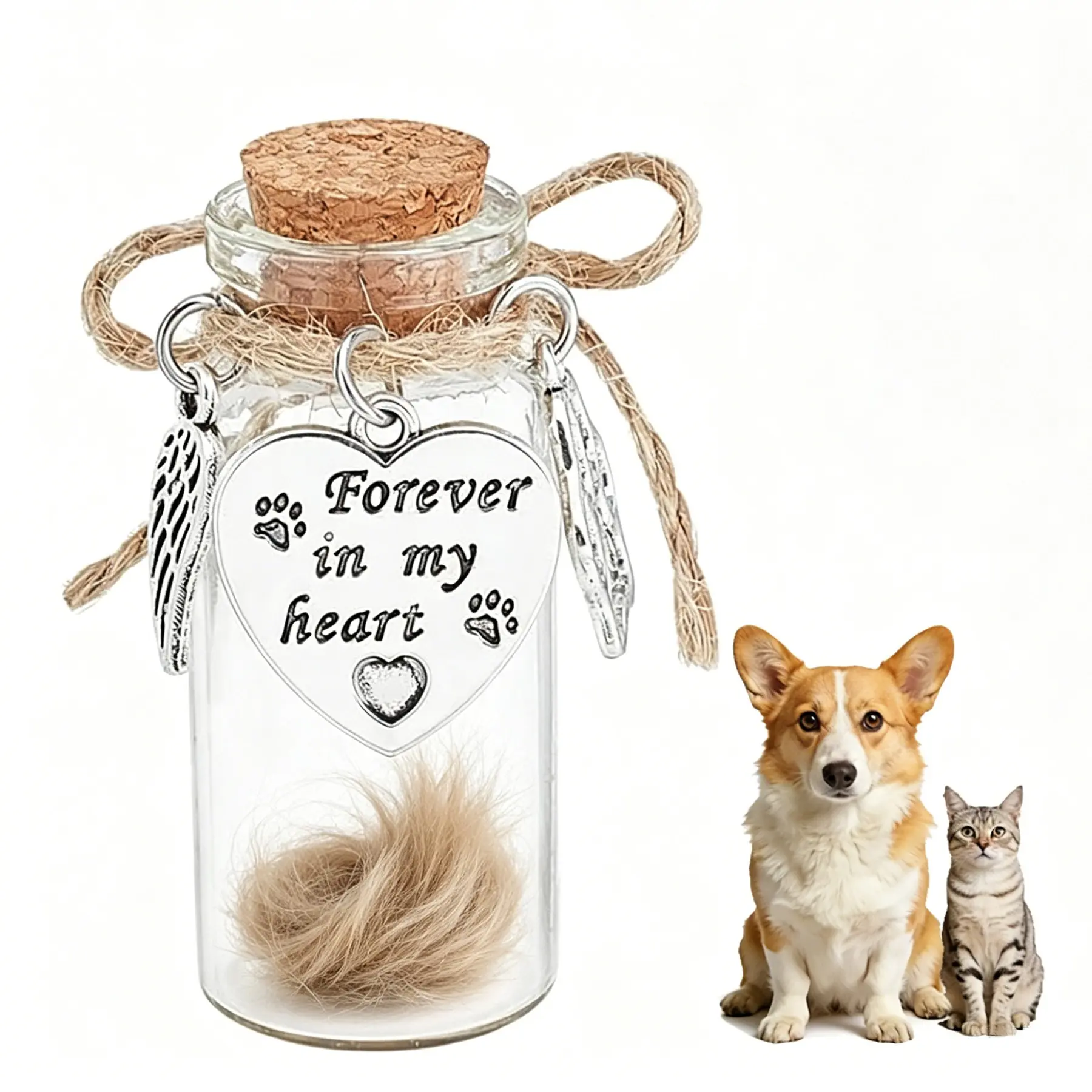 1Piece Pet Hair Glass Memorial Bottle Wishing Bottle with Heart Pendants and Cork Stopper Dog Cat Glass Tube Keepsake Memorial Urn Pet Sympathy Glass Vial Remembrance Gift for Pet Ashes Hair,Forever in my heart