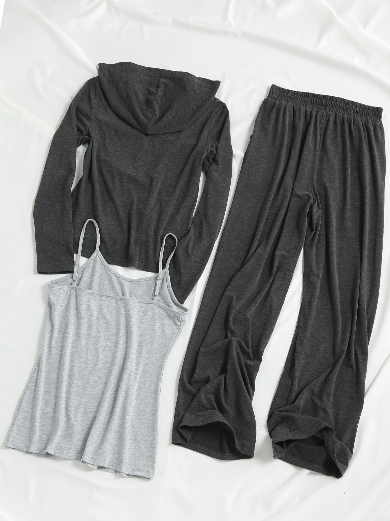 Women's Solid Long Sleeve Hooded Top & Wide Leg Pants & Cami Top Set, Casual Fashion Cozy Breathable Three-piece Outfits for Daily Outdoor Wear, Ladies Clothes, Womenswear