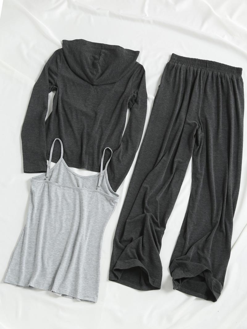 Women's Solid Long Sleeve Hooded Top & Wide Leg Pants & Cami Top Set, Casual Fashion Cozy Breathable Three-piece Outfits for Daily Outdoor Wear, Ladies Clothes, Womenswear