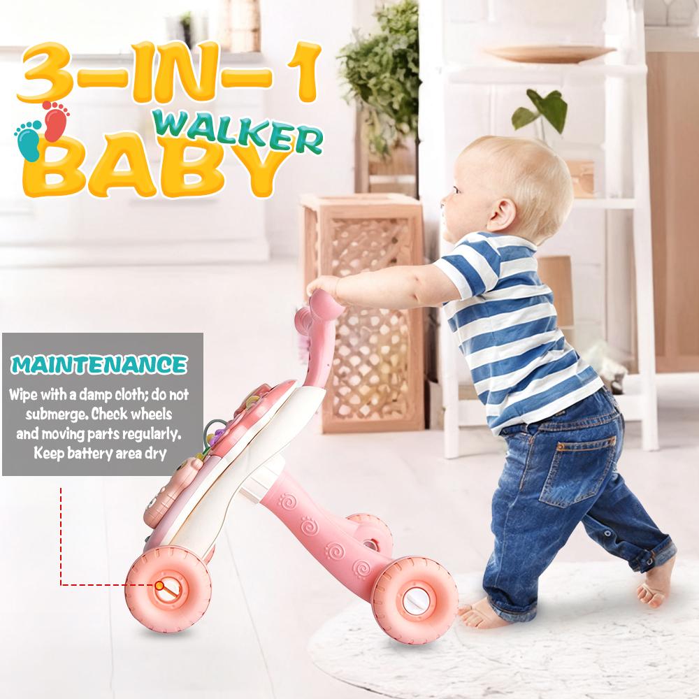 Baby Sit-to-Stand Learning Walker 3 in 1 for Girls Boys Educational Push Walkers with Activity Table Music Toy Gift Pink
