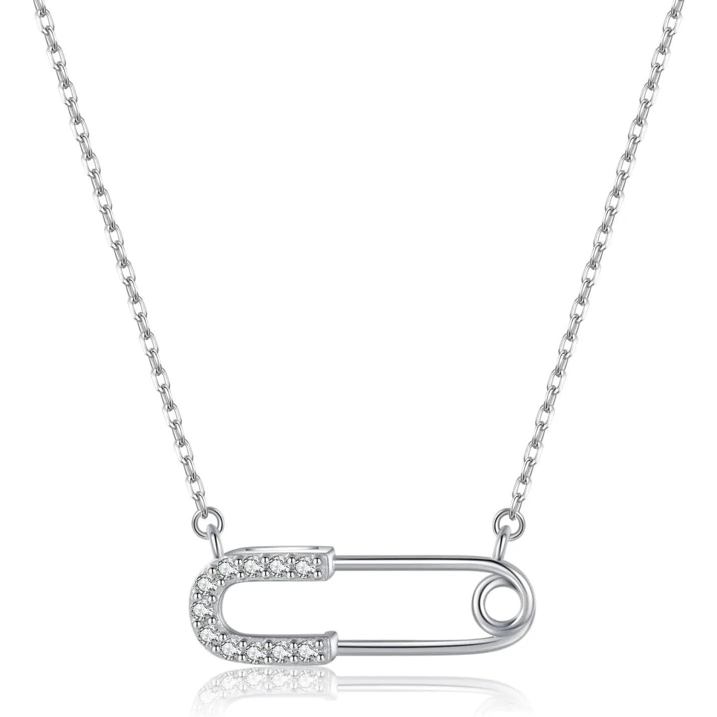 Solid 925 Sterling Silver Safety Pin Choker Necklace for Women Teen Girls Paper Clip Pendant Necklace CZ Pin Necklace