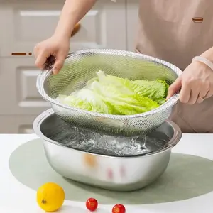 This two-piece set includes a stainless steel micro-perforated colander and a mixing bowl, making it ideal for washing fruits and vegetables or rinsing rice. It features a durable, high-capacity design and is rust-resistant.