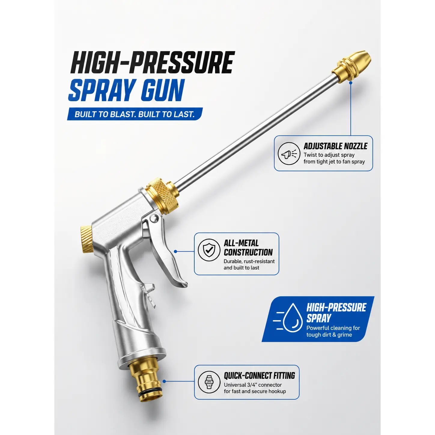 High Pressure Washer Gun Nozzle, All Metal Spray Gun with Adjustable Brass Tip, Long Reach Cleaning Wand for Car Wash, Driveway & Patio