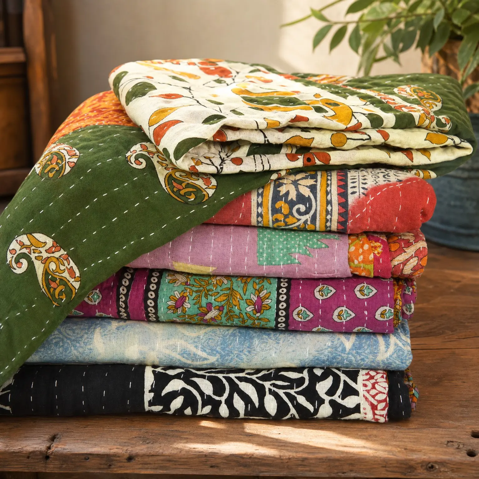 Vintage Kantha Quilt – Handmade Reversible Cotton Throw Blanket with Assorted Patchwork | Boho-Style Decorative Bedding for Sofa, Couch, Bed & Picnic | 1 PcGift
