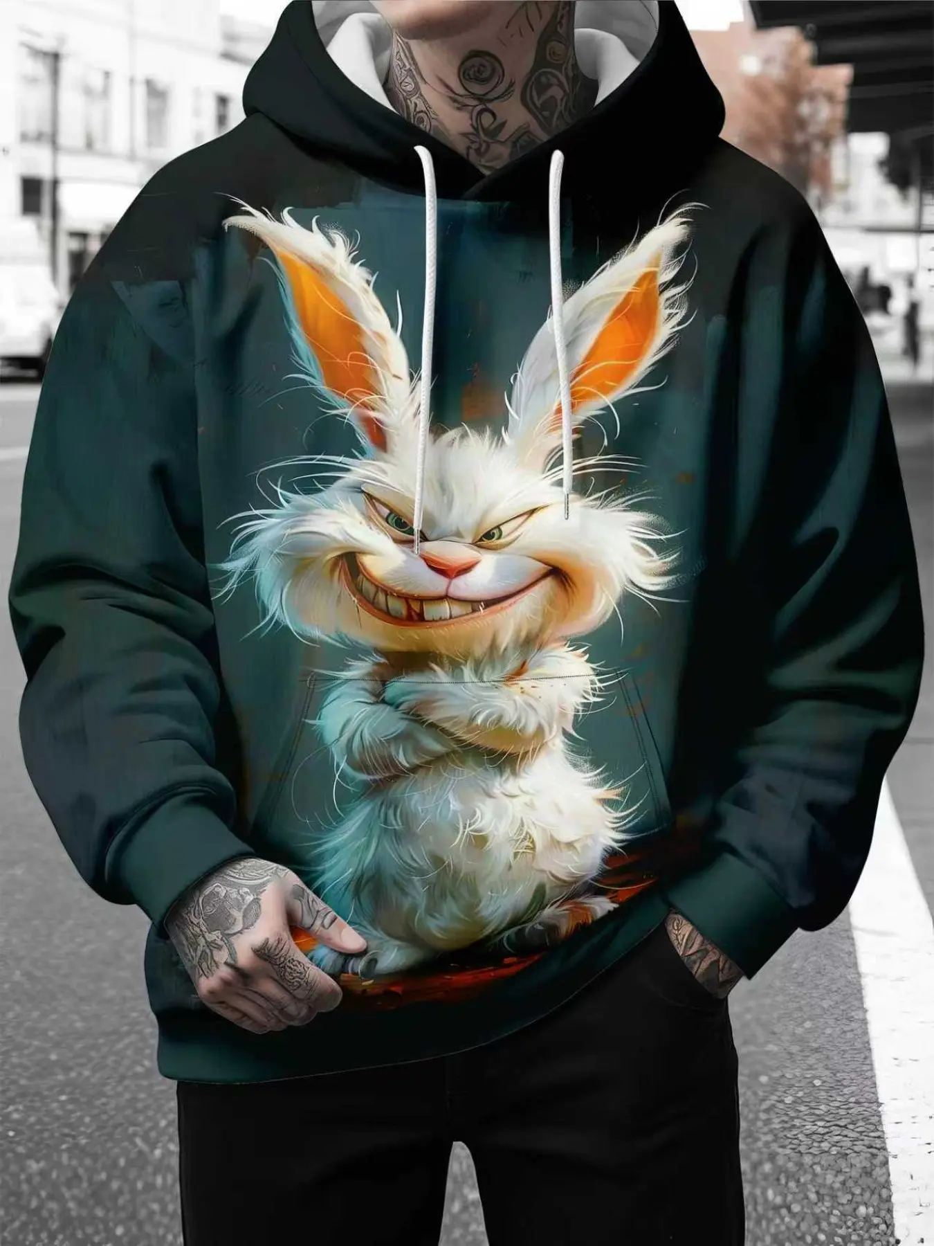 Men Sly Grinning Fluffy White Rabbit Cartoon   Print Drawstring Hoodie, Funny Animal Graphic Long Sleeve Pullover Sweatshirt For Street Casual Daily Outfit