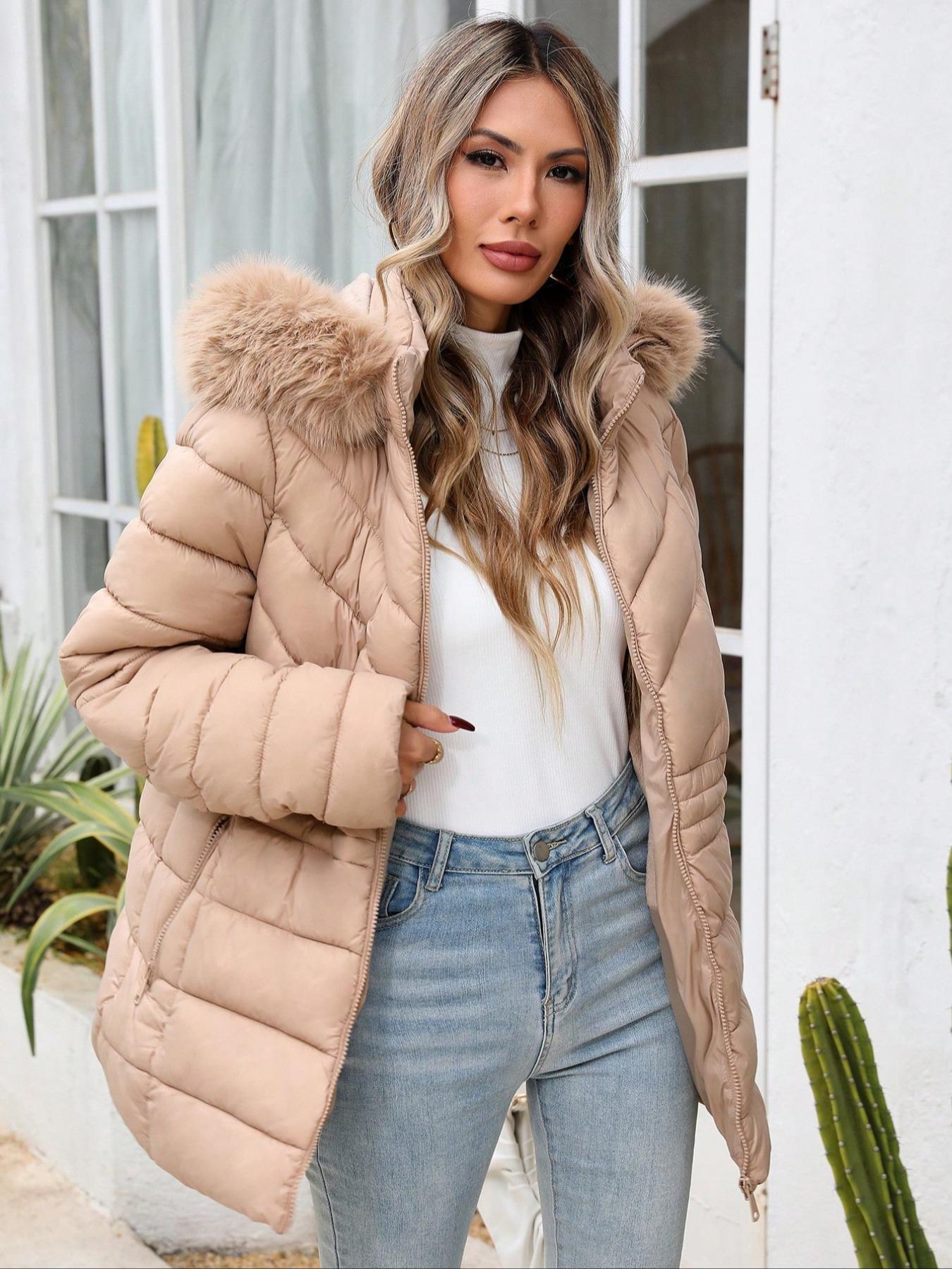 Women's Plus Size Winter Comfortable Cotton Jacket, Commuter Simple Fall & Winter Mid-Length Hooded Warm Coat, Long Sleeve Fitted Style Outerwear