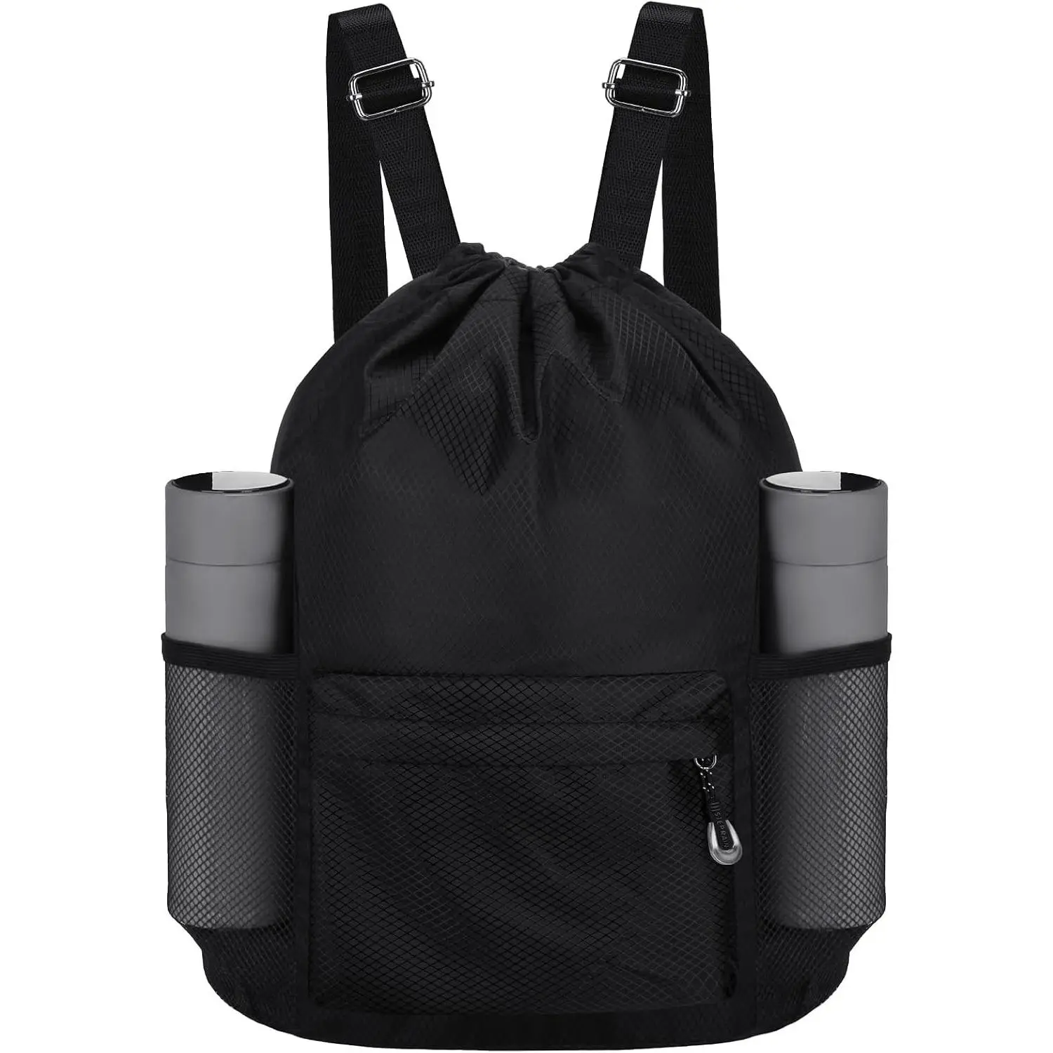 Black Waterproof Drawstring Backpack, Lightweight Gym Sports Cinch Sackpack with Water Bottle Holder and Pockets