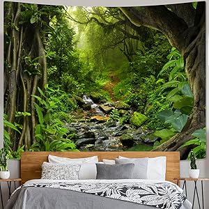 Green Rainforest Tapestry Nature Forest Tapestry for Bedroom Aesthetic Misty Tropical Jungle Trees Flowing Stream Landscape Tapestries Wall Hanging for Living Room Dorm 48 x 36 Inch