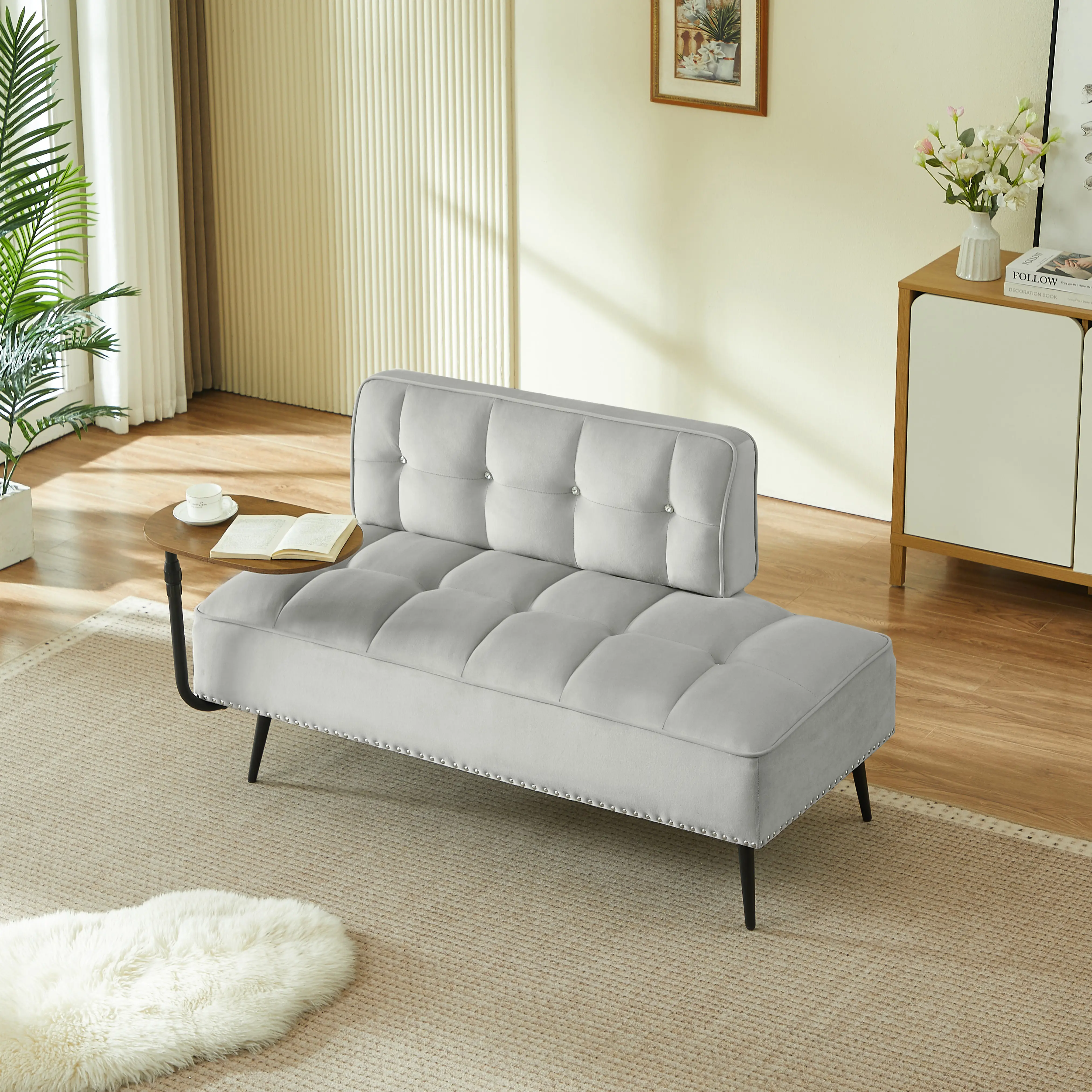 ARCH Modern 2-Seater Velvet Sofa with 360° Rotating Side Table, Memory Foam Cushions, Wood Frame, Space-Saving Loveseat for Living Room, Bedroom, Apartment, Gray, Gray Color Options, Velvet Material, 2 Seat Seat Count, Modern Style