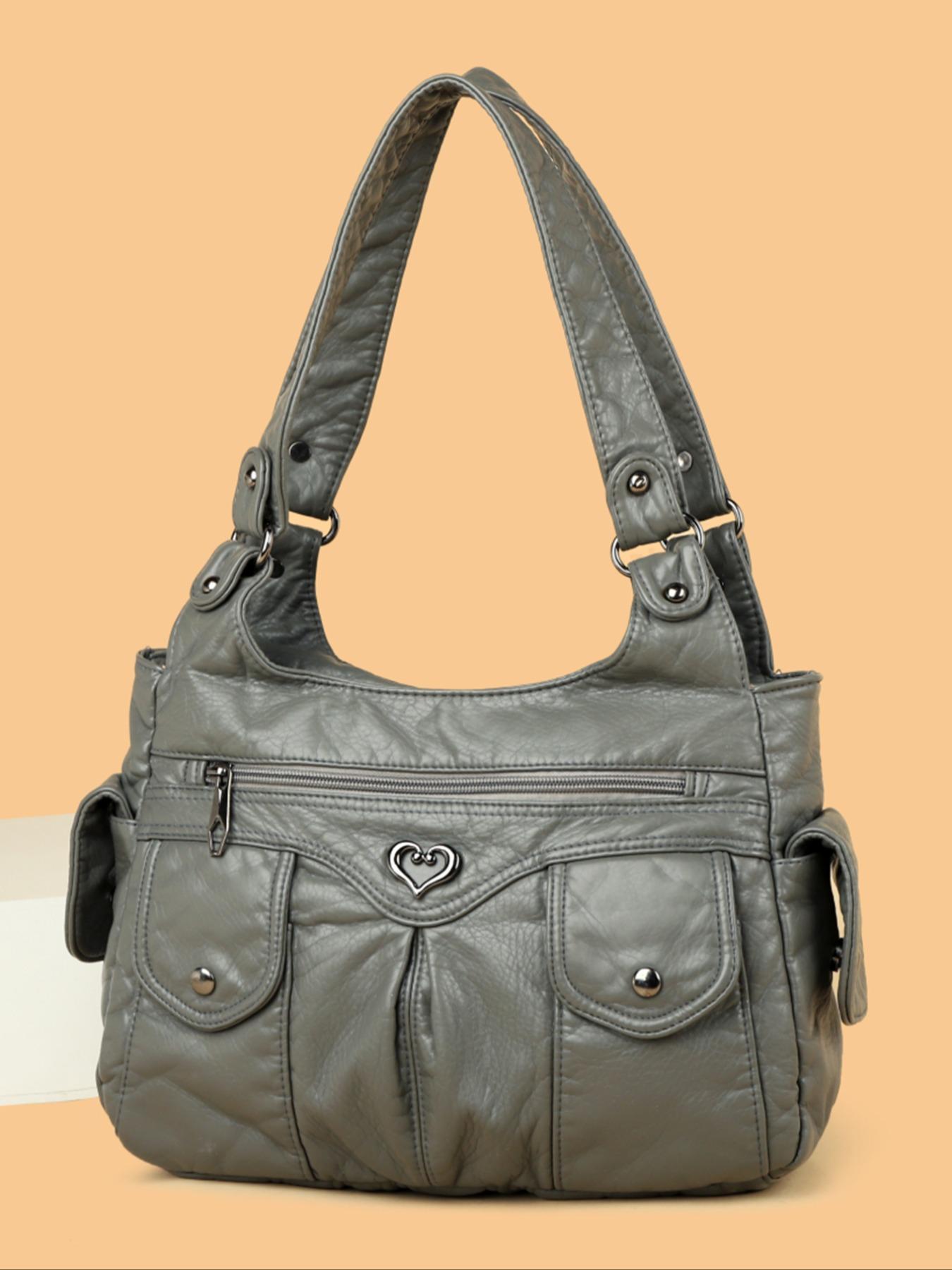 Women's Fashionable Plain Heart Decorated Embellished Shoulder Bag, Casual Large-Capacity for Daily Used, Trendy Versatile Shopping Bag, Hobo Bag