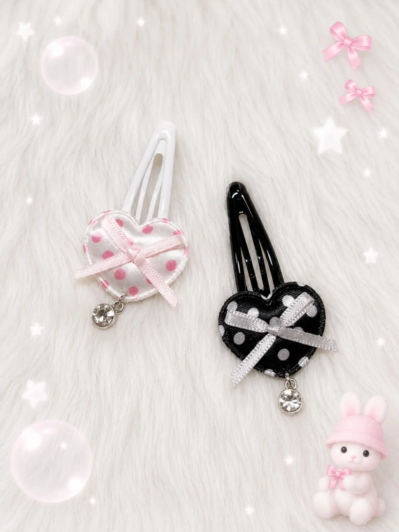 2Pcs Pink & Black Heart Hair Clips Cute Bow Snap Clips Kawaii Coquette Hair Accessories Bows For Hair