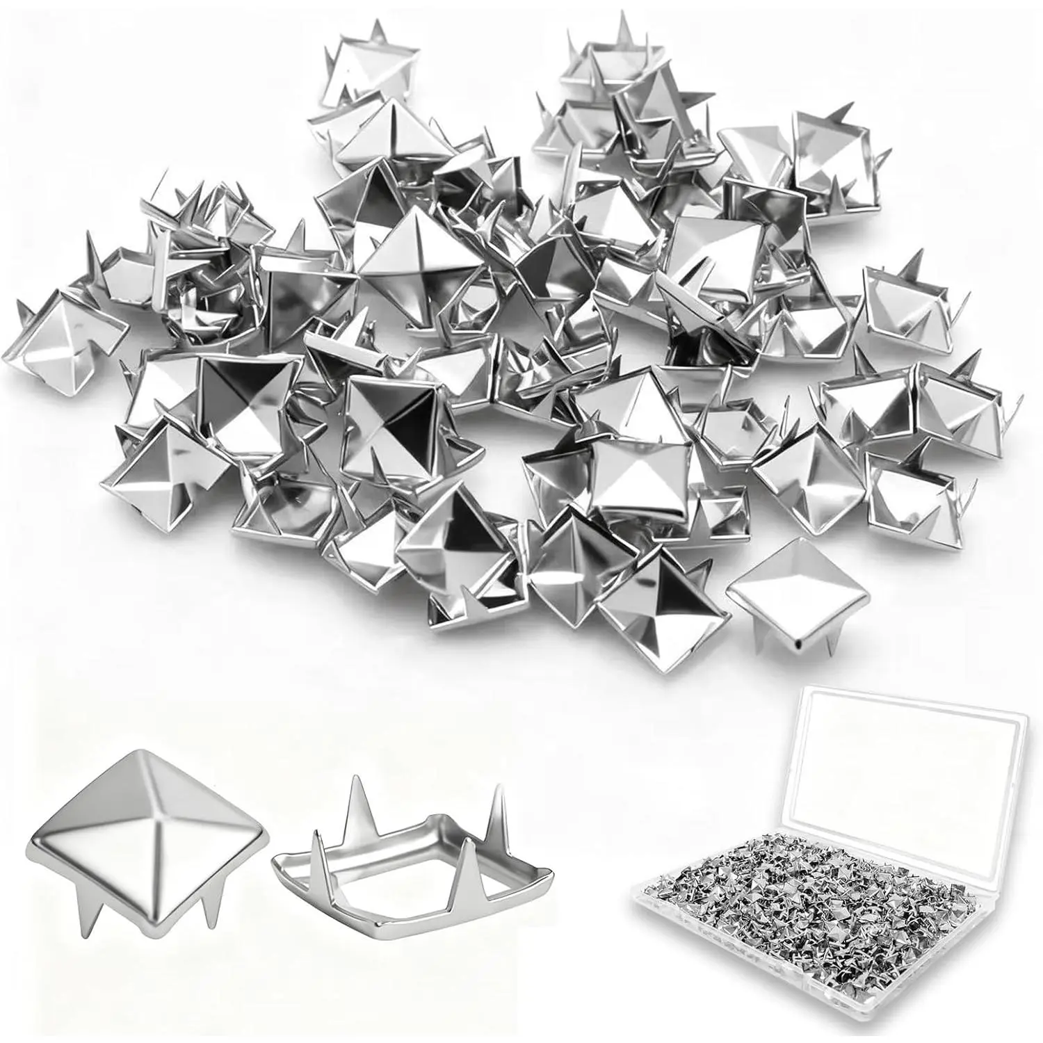 500PCS 10mm 4-Prong Square Spikes, Silver Metal Pyramid Studs for Crafts, Punk Style Rivets for Clothing Decoration, Leather Jacket, Bag, Dog Collar, Durable & Easy to Install