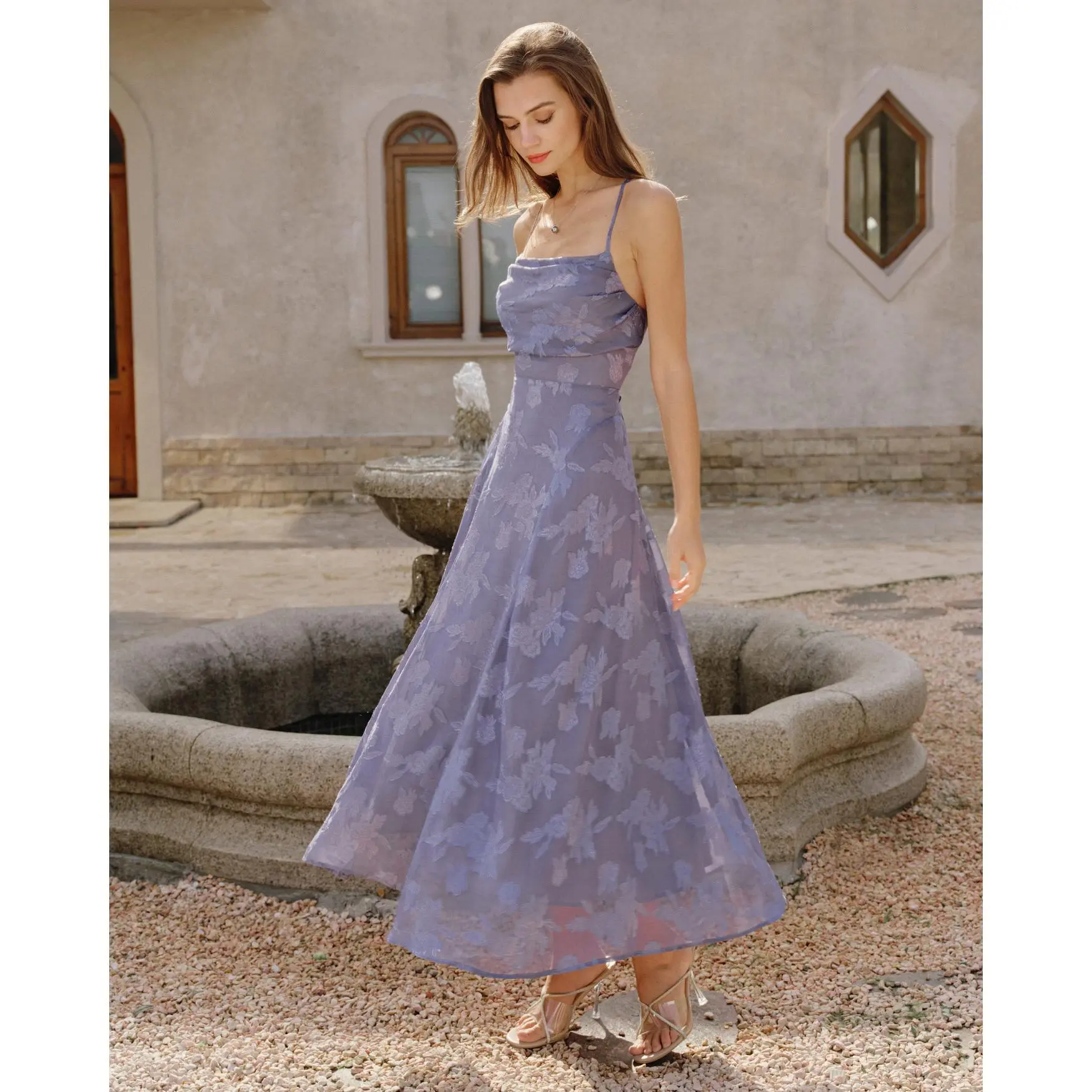 Blue Jacquard Slip Maxi Dress
