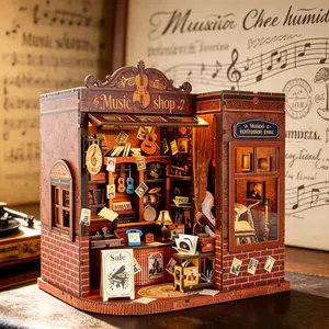Music Shop Book Nook Set, DIY Mini House 3D Wooden Puzzle, Shelf Insert Decor, Creative Gift Book Corner Kit, Best Gift for Family and Friends