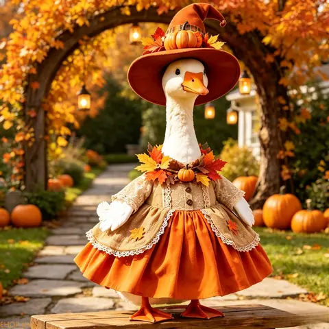 Fall Harvest Porch Goose Outfit, Orange Witch Hat with Pumpkin & Maple Leaves, Autumn Lace Burlap Dress, Thanksgiving Lawn Goose Costume, Fits 22-24 Inch Porch Goose Statue, Yard Decor (Goose Not Included) Men's Business Round Analog Watch Set