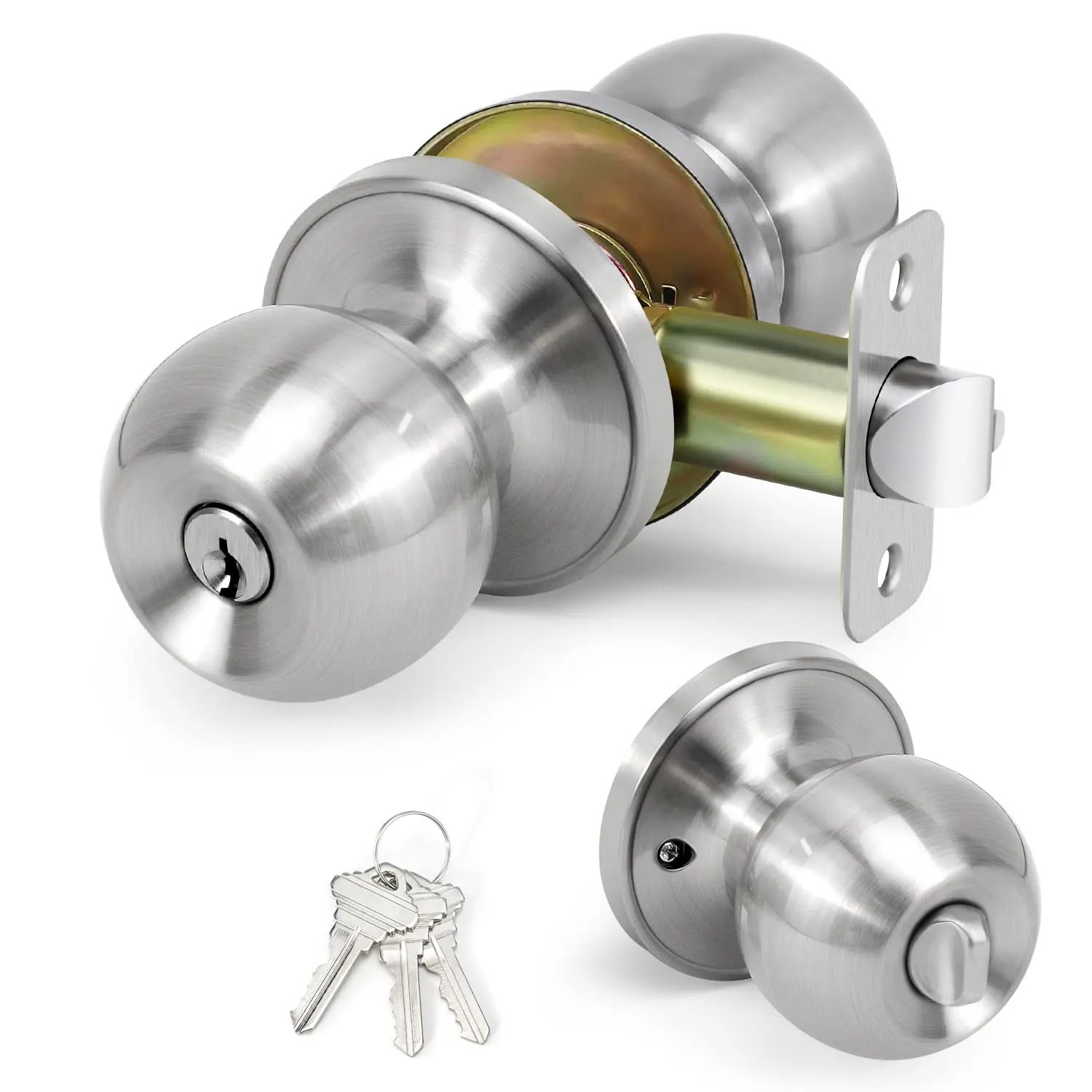 Doorknob with Lock & Key - Round Ball Door Knob Passage Door Locking Interior Exterior for Room, Keyed Entry Door Locks for Entrance