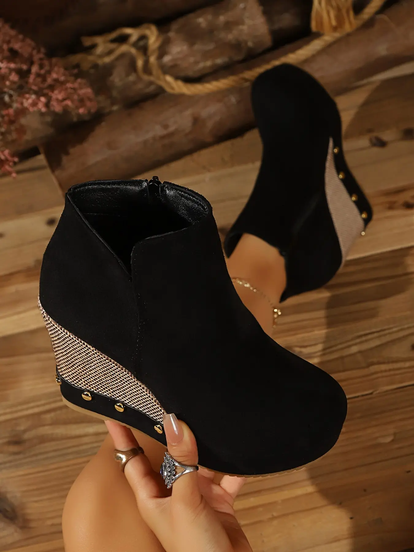 Women's Short Boots, Cross-Border Bestseller, Large Size, Thick Sole, Height-Boosting, Vintage Patchwork, Hemp Texture, Slope Heel, Buckle Strap, Casual Bare Boots, Heeled Booties