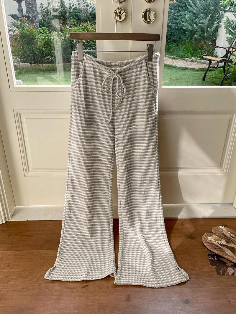Women's Summer Knitted Striped Drawstring Pocket Casual Loose Wide Leg Pants, Perfect for Daily Wear and Vacations