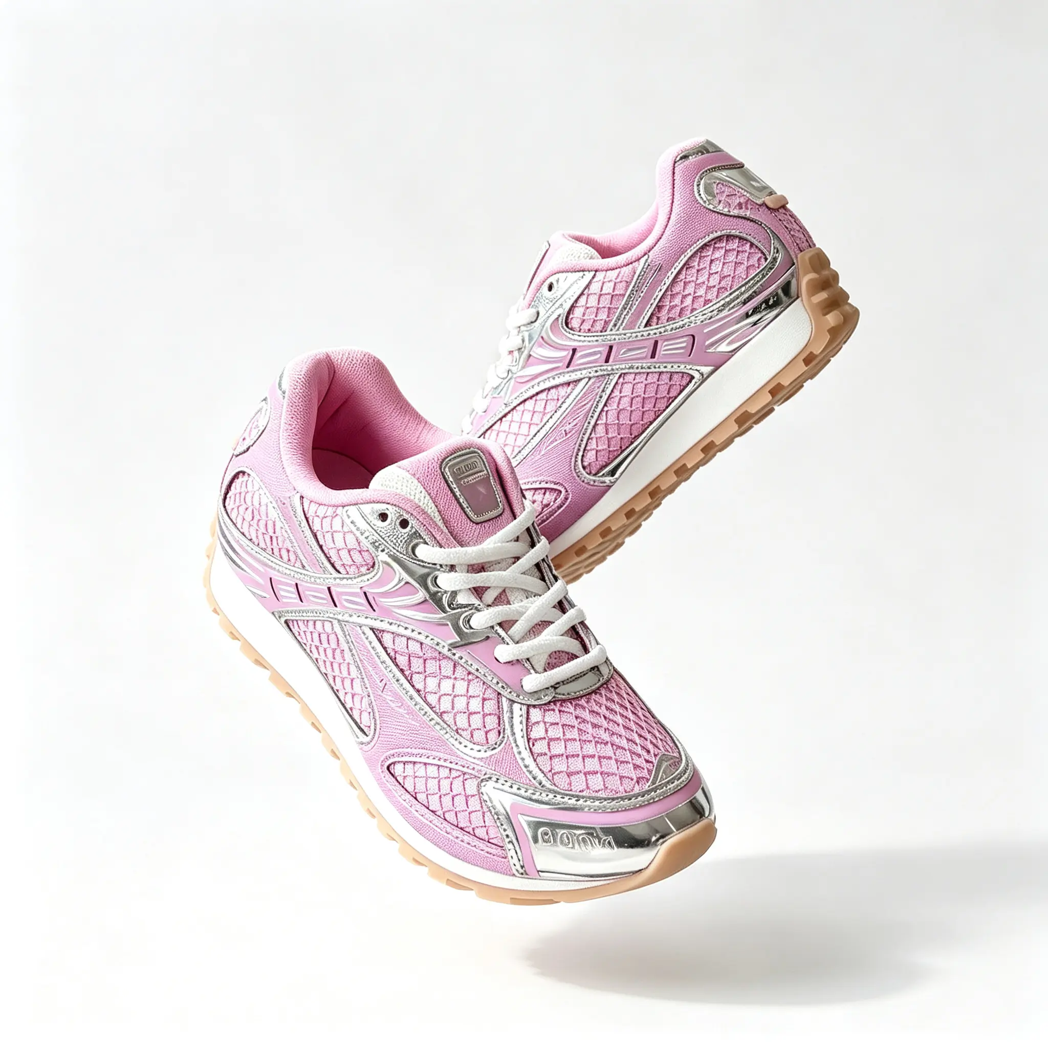 Unisex Pink Silver Mesh Running Sneakers Lace Up Low Top Gum Sole Breathable Casual Walking Trainers for Men Women