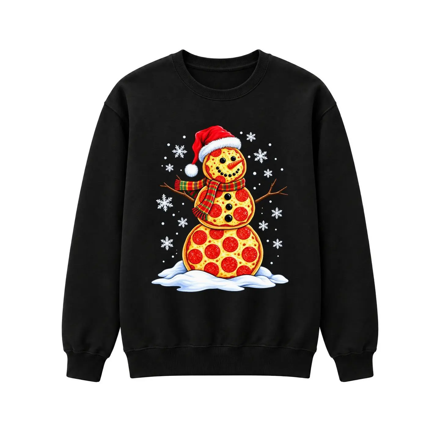 Pizza Snowman Santa Hat Graphic T-Shirt or Crewneck Sweatshirt, Black or White Unisex Short Sleeve Tee or Pullover for Christmas Outfits