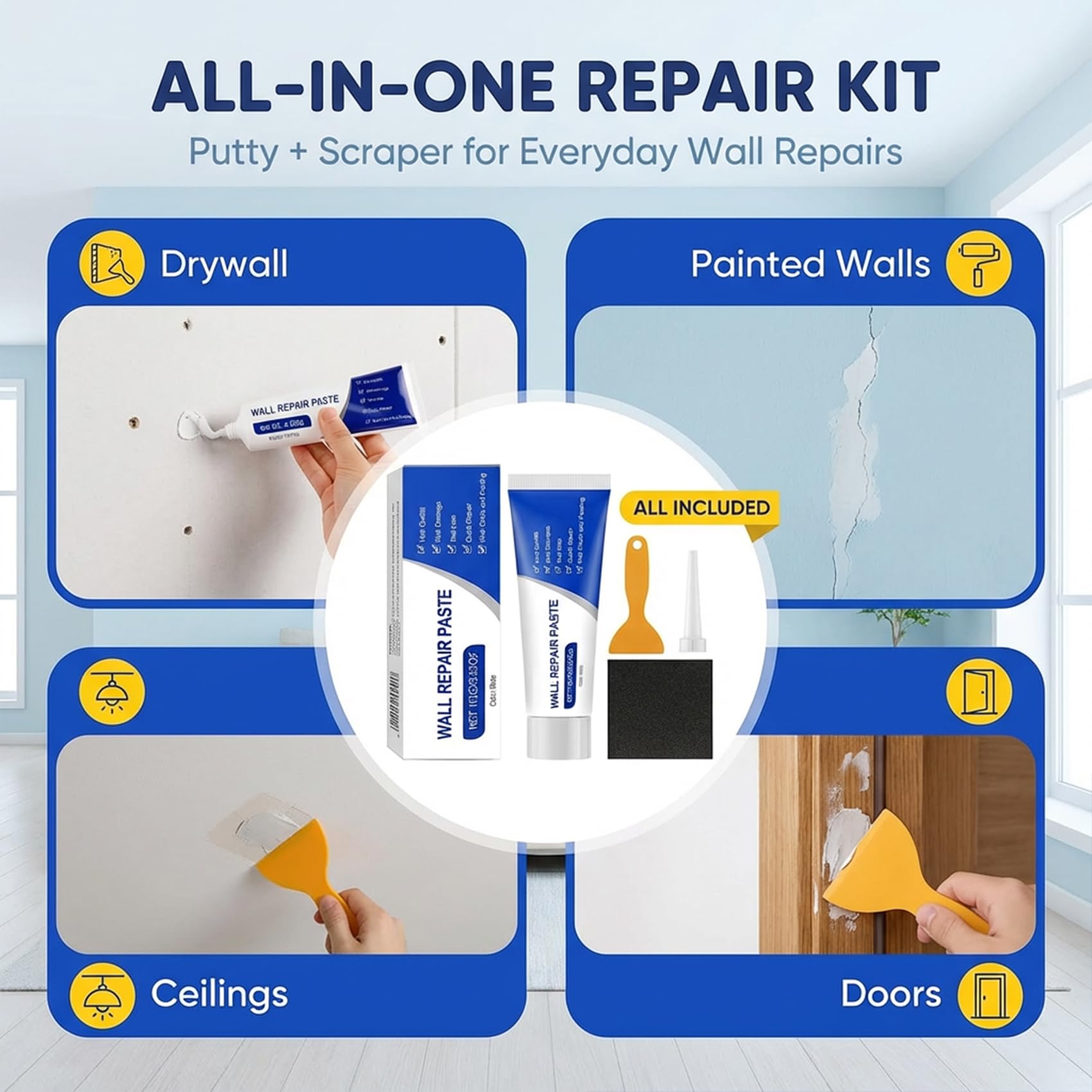 3Pcs Efficient Drywall Repair Kit with Scraper, 2026 Upgrade Quick Drying Wall Repair Paste for Cracks and Holes, Multi Functional Wall Mending Agent for DIY Home Fix