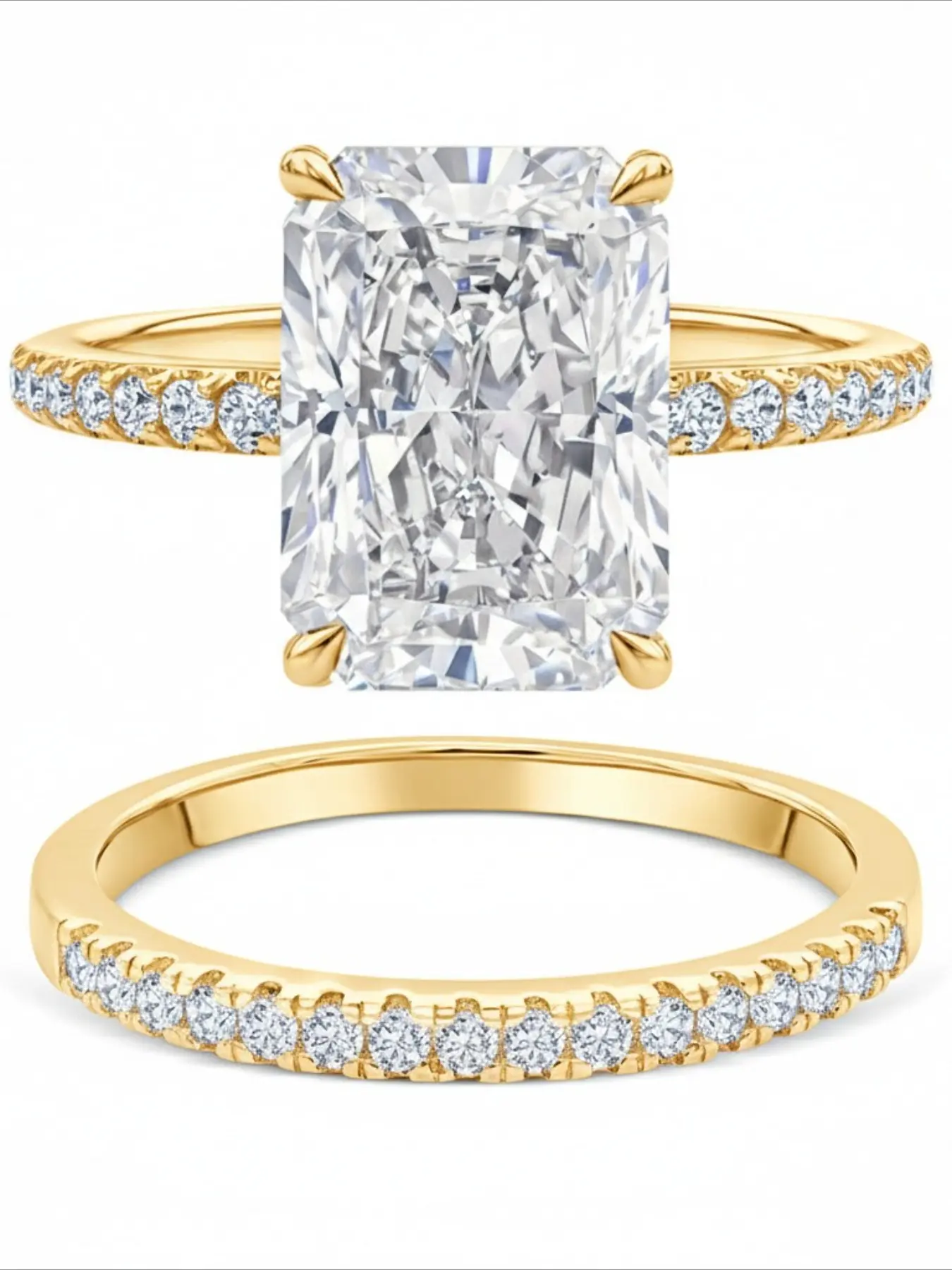 2PCS Radiant Cut Stackable Ring Matching Half Pave Band Jewelry Set, 4 Prong Center Cubic Zirconia Engagement Bridal Accessory For Wedding Banquet Holiday Gift For Women