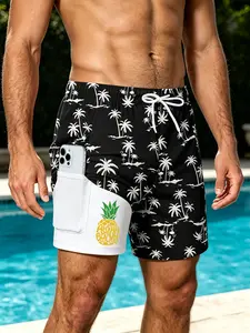 Men's Summer Pineapple Print 3D Double Layer Beach Shorts, Inner Phone Pocket, Quick Dry Breathable, Casual Fitness Wear