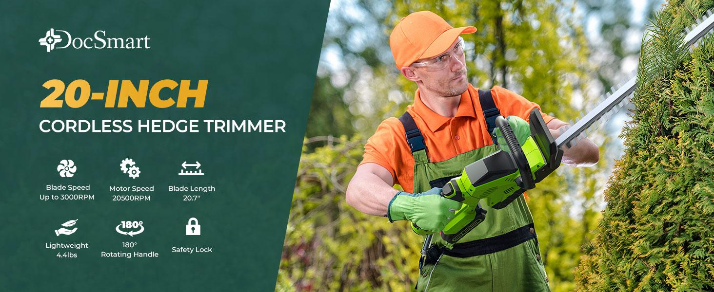 20'' Hedge Trimmer with Battery, 3000RPM Bush Clipper with 2pcs 2000mAh Batteries, 180° Rotatable Head, 2/3'' Blade Gap Green