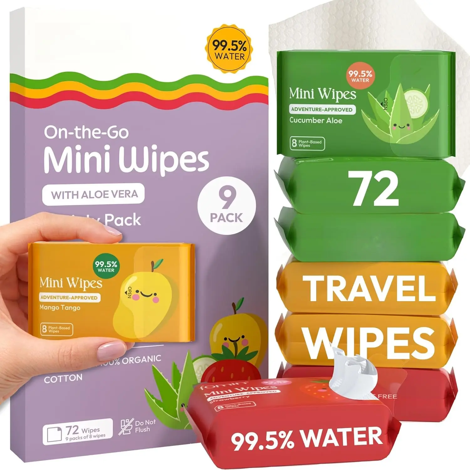 Mini Water Wipes - Variety Pack - 72 Ct - 99.5% Purified Water | with -Based Softness – Gentle for , Handy for the Whole Family