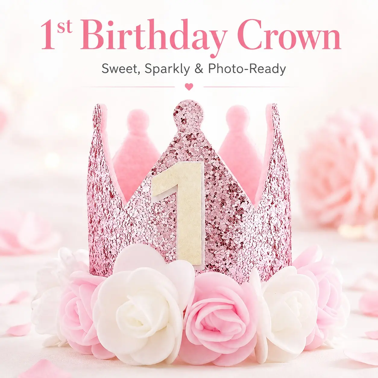 Glitter Baby Girl 1st Birthday Crown, Floral Party Hat, Cake Smash Accessory, Princess Theme, Photo Prop, Milestone Birthday Headband, Birthday Party Hats, First Birthday Hat, Party Accessories