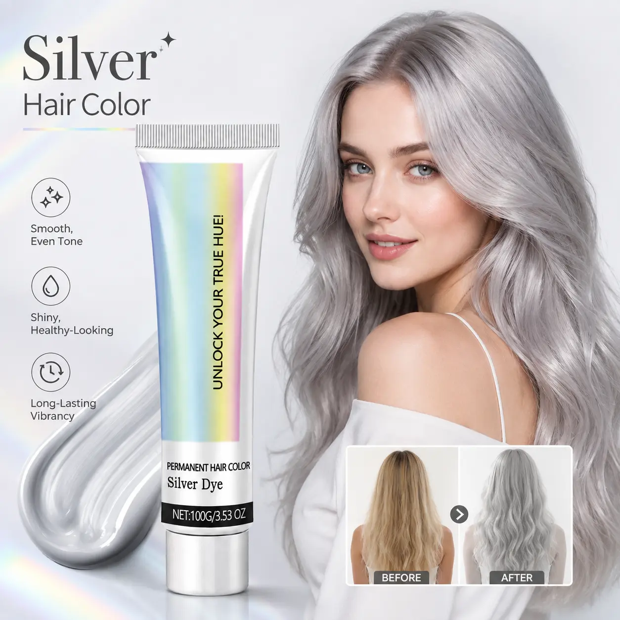 Hoegoa Permanent Silver Hair Dye Cream - Gentle Nourishing Formula, Long-Lasting Color Lock, Moisturizing, Dryness-Reducing, Cool Silver Grey Finish, Ideal for At-Home DIY Use by Fashion-Focused Adults