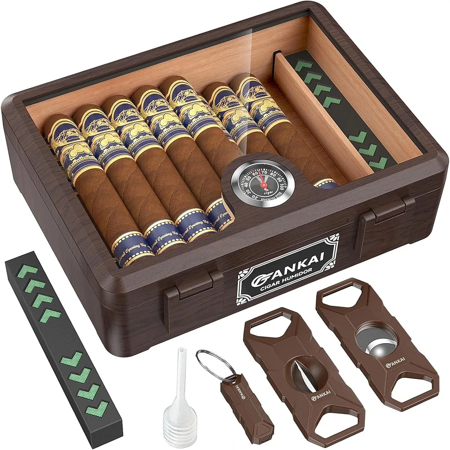 Cigar Humidor, Glass top Cigar Case with Straight Cutter Guillotine, V Cut, Punch Tool, Spanish Cedar Wood Lining Case, Crush-Proof Storage Box with Humidifier & HygrometerGift.