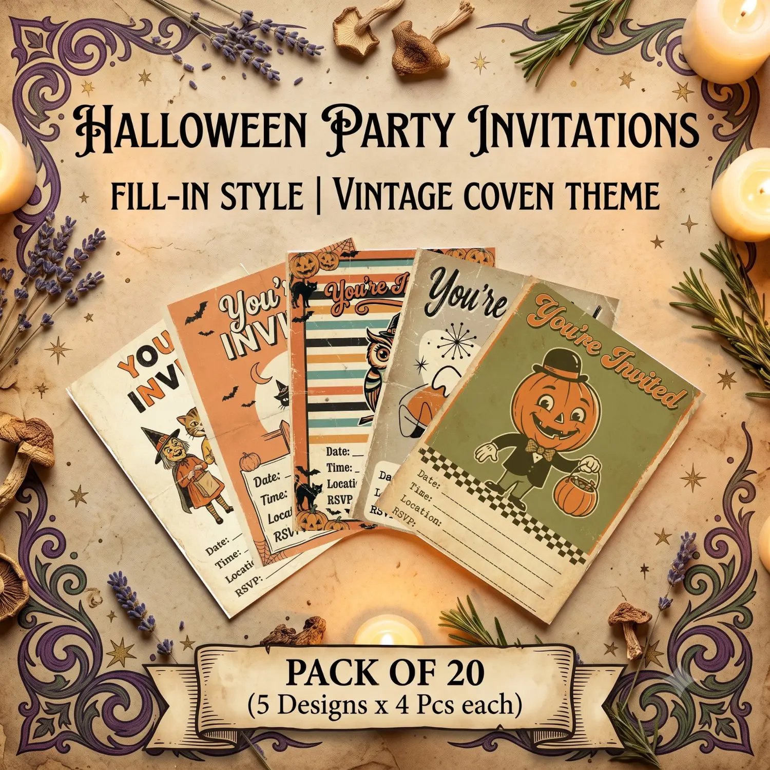 Retro 1950s Halloween Party Invitations Set, 20 Pack 5x7 Inch Fill-In Cards with Envelopes, Vintage Greetings Card for Festive Events