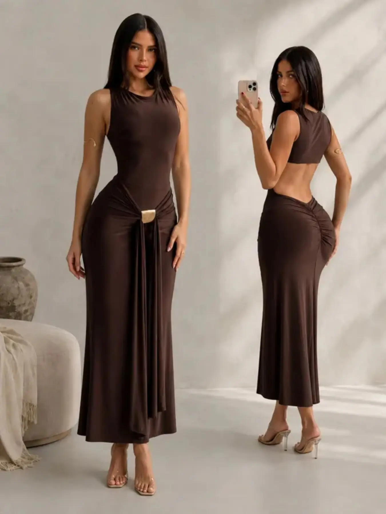Backless Long Dress, Sexy Sleeveless Design, Ruched Slim Fit, Metal Decorations, Perfect for Night Out Parties, Women's Evening Wear, Chic & Elegant