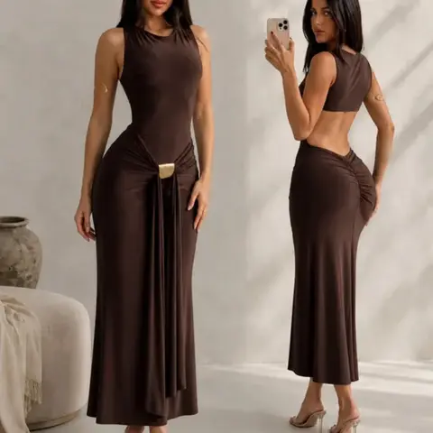 Women's Strapless Long Dress, Sexy Backless Design, Ruched Slim Fit, Metal Decor, Perfect for Night Out Parties, Evening Cocktail Dress, Elegant Evening Wear