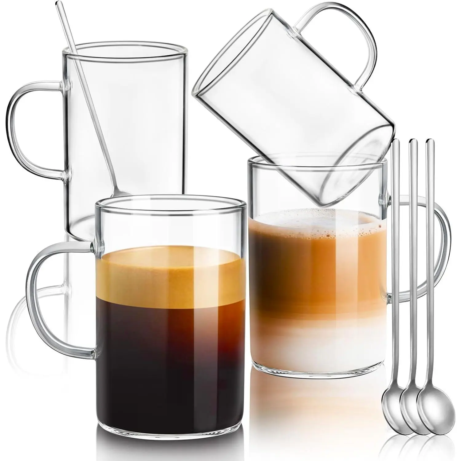 16oz Borosilicate Glass Coffee Mugs Set of 4, Large Glass Mug Set with Handles & Spoon, Clear Glasses Coffee Cups for Hot/Cold , Cappuccino, Latte, Juice, Drinking Glasses 430mL(Use Capacity)