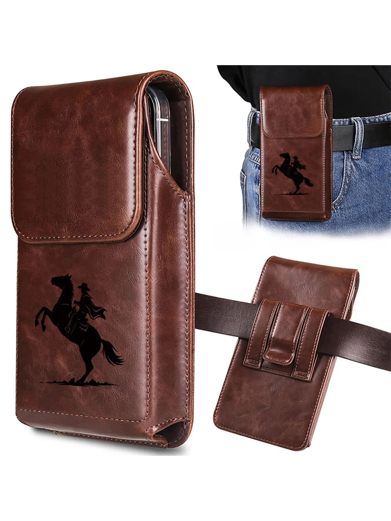A men's vintage denim horse riding pattern waistband waist bag, suitable for outdoor activities and daily use, perfect for vintage style and denim enthusiasts, birthday gifts, Halloween gifts, Christmas gifts