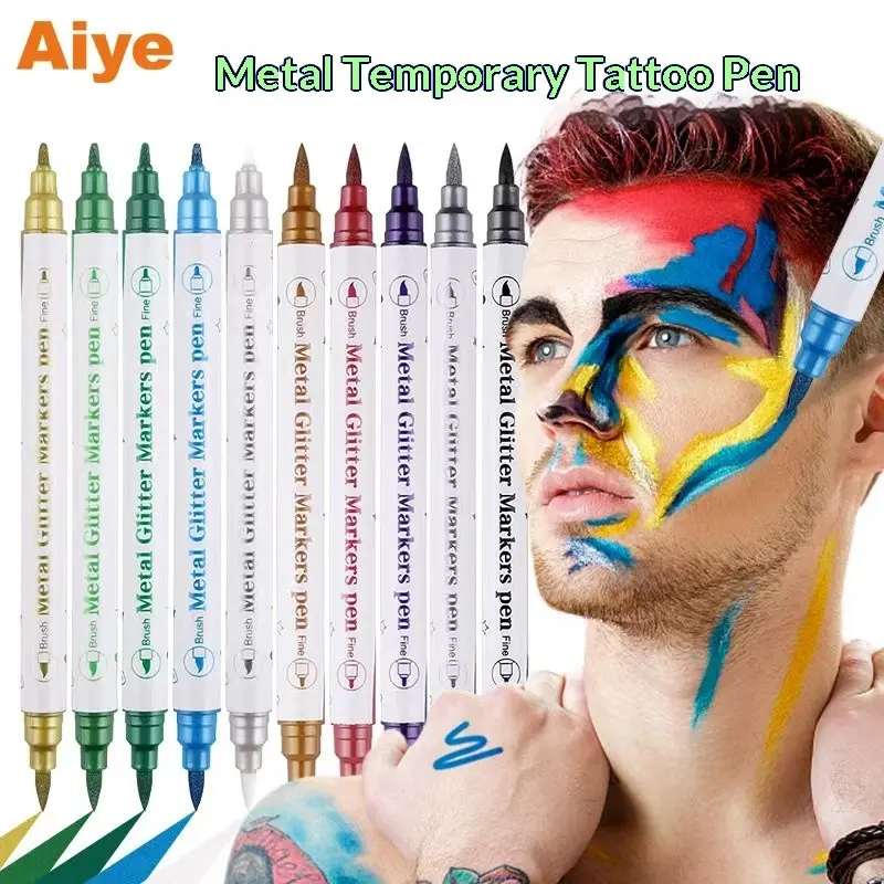 10-Pack Temporary Tattoo Pens, Soft Tip Metal Color Skin Markers, Line Drawing Markers for Adults, Body Art Supplies