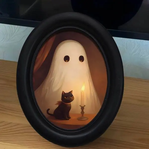 Black Oval Ghost Print Wooden Photo Frame - 4.1x5.2in, Tabletop Home Decor Accessory for Bedroom, Office