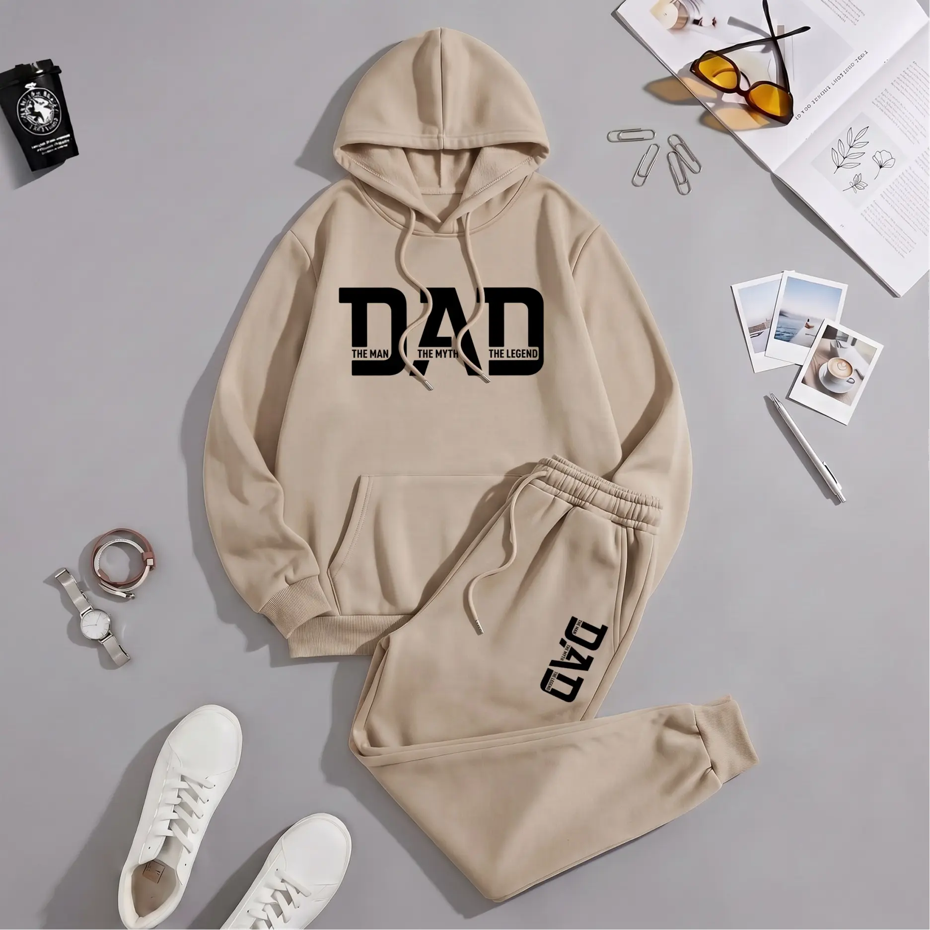 Men's 'The Man The Myth The Legend' Print Hoodie and Sweatpants Set, Soft Minimalist Polyester Tracksuit, Casual Loose-Fit Loungewear for Dad, Menswear