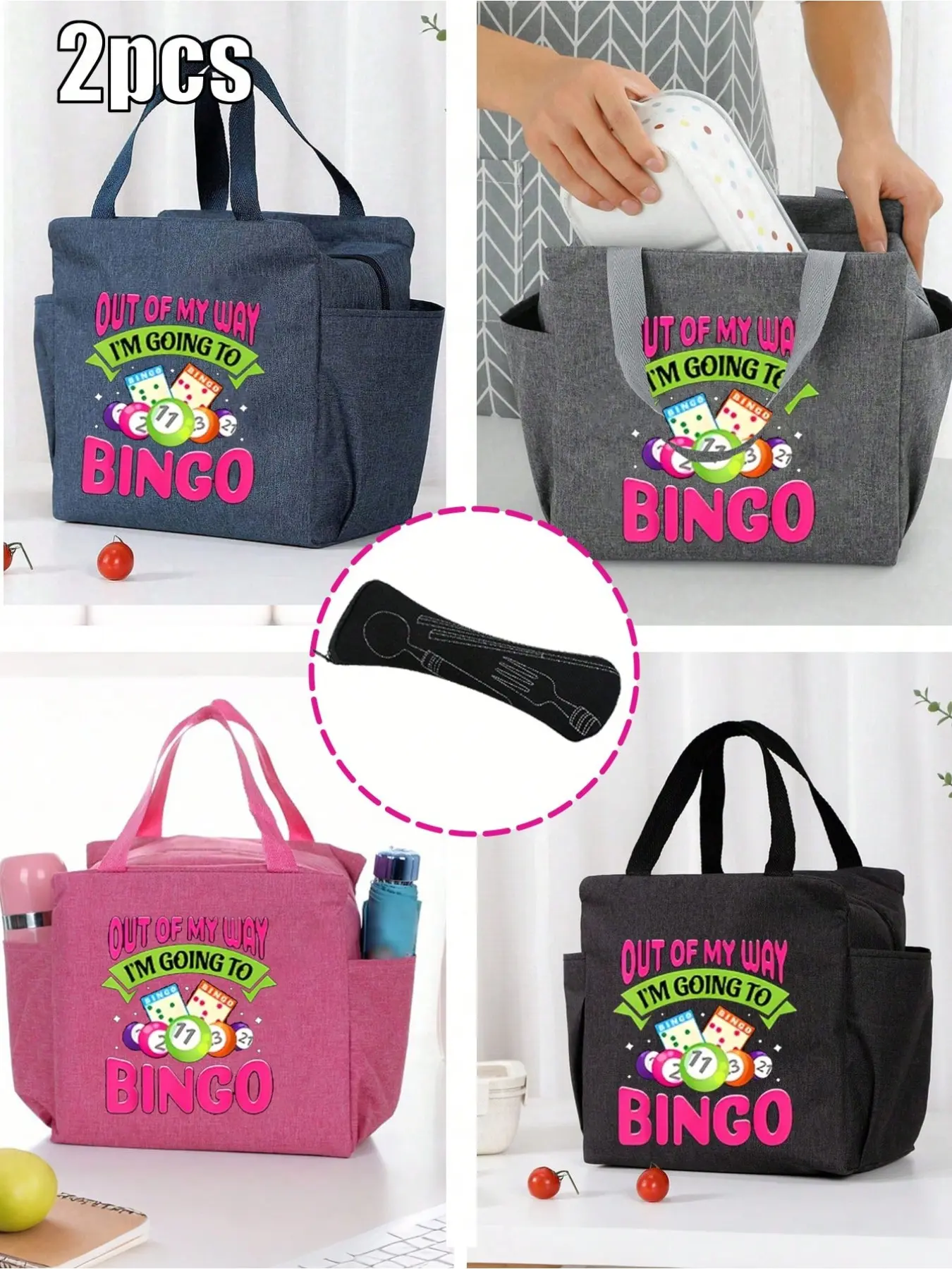 2Pcs Bingo Letter Print Insulated Lunch Bags with Black Cutlery Pouch, Leakproof Portable Handheld Cooler Tote with Double Pockets & Large Capacity. Reusable, ideal for school, work, picnic and travel, perfect holiday gift choice.