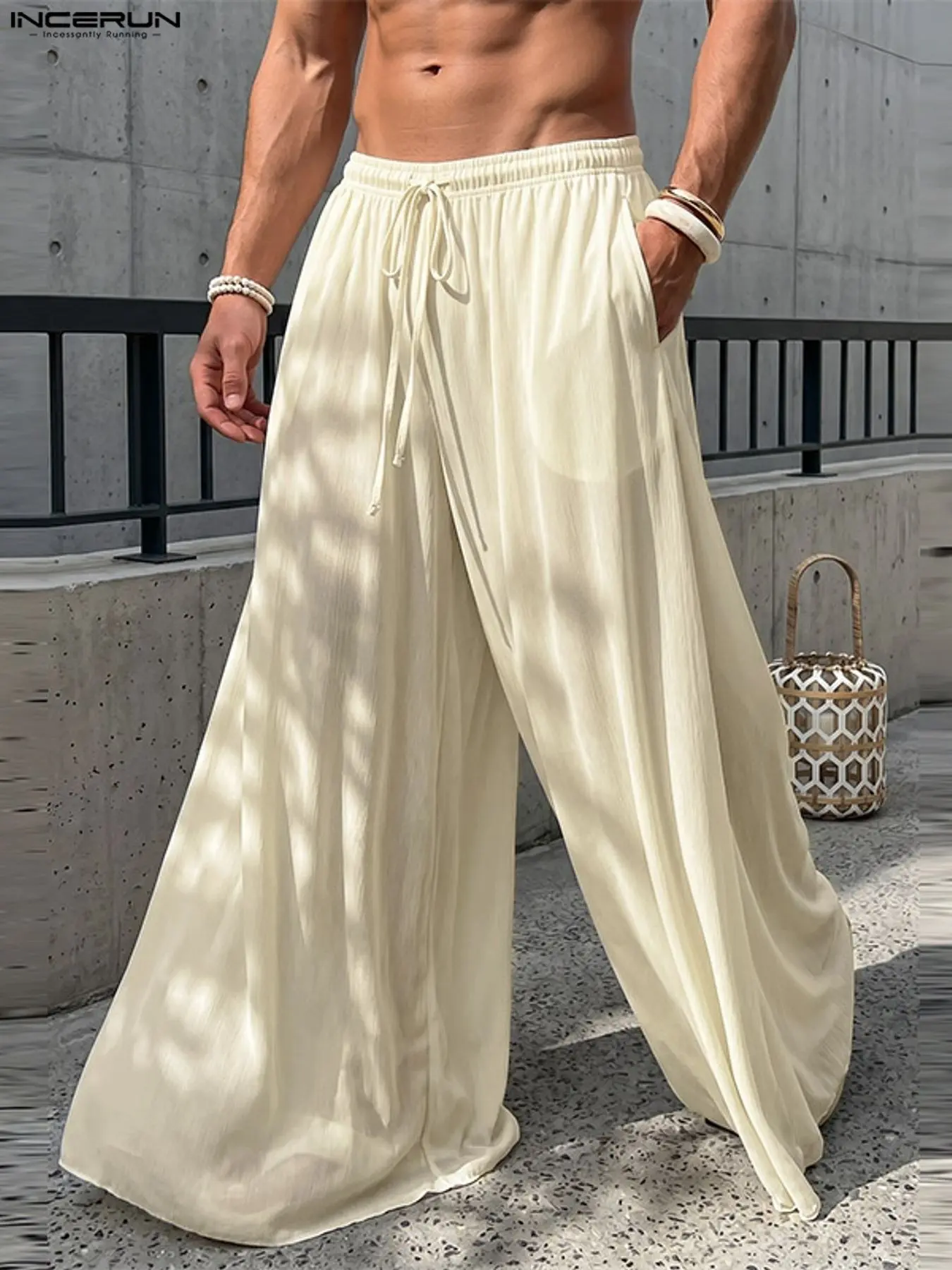 INCERUN Men's Drawstring Waist Pleated Plain Solid Color Wide Leg Long Pants, Comfortable and Stylish, Perfect for Casual Wear, Available in Multiple Colors