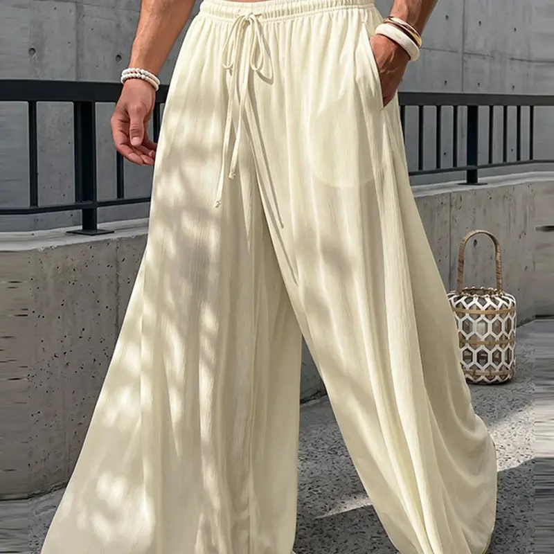 INCERUN Men's Drawstring Waist Pleated Solid Color Wide Leg Long Pants, Casual Trousers, Comfortable and Stylish, Perfect for Casual Wear, Available in Multiple Colors