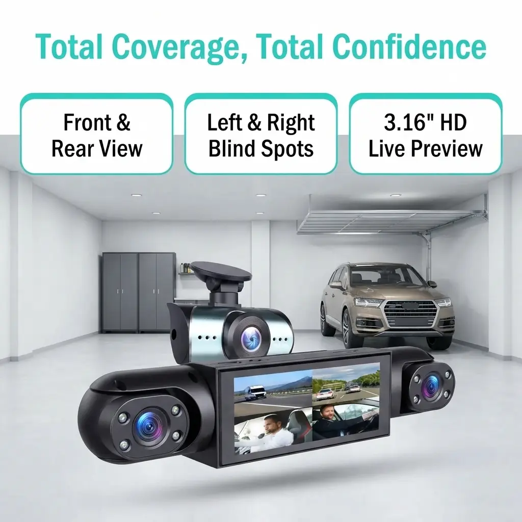 BCUOZ 4-Channel Dash Cam (Non-Wireless), 1080P Front+720P 3-Way Cameras, Comes With 64GB SD Card