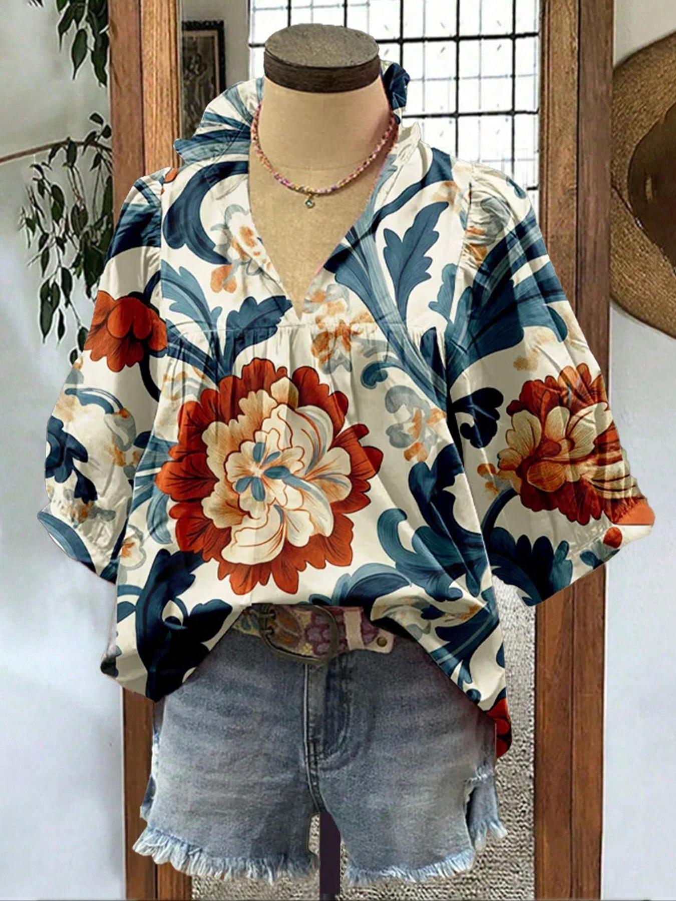 Women's Ruffled Trim Blouse, Casual V Neck Nine-point Sleeve Top for Summer, Women's Clothing for Daily Wear, Boho Floral Print Womenswear, Lady Casual Blouse Shirts, Boho Style Multicolor Shirt