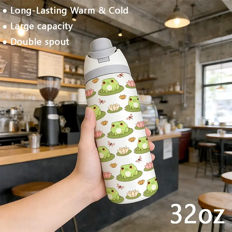 32oz Stainless Steel Sports Water Bottle, Cartoon Lotus Frog Design, Dual Straw Insulated Tumbler Cup, Perfect Gift for Men and Women